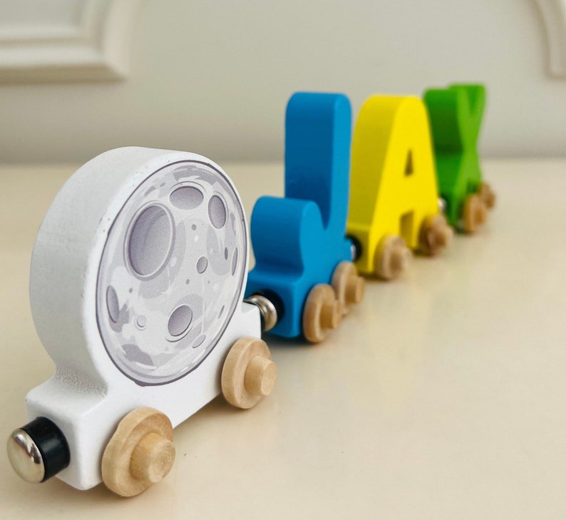Build your own Train with a Moon. Personalized Wooden Magnetic Alphabet Letters. Kids Toy and Room Decoration. Name puzzle.