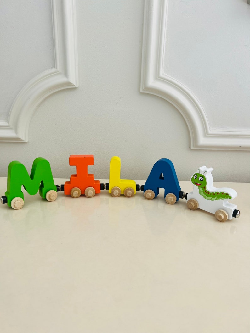 Build your own Train with a Green Caterpillar. Personalized Wooden Magnetic Alphabet Letters. Kids Toy and Room Decoration. Name puzzle.