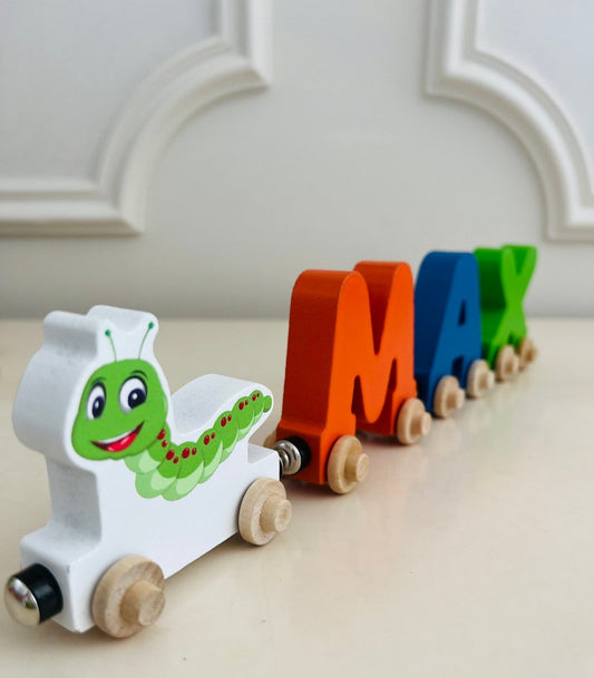Build your own Train with a Green Caterpillar. Personalized Wooden Magnetic Alphabet Letters. Kids Toy and Room Decoration. Name puzzle.