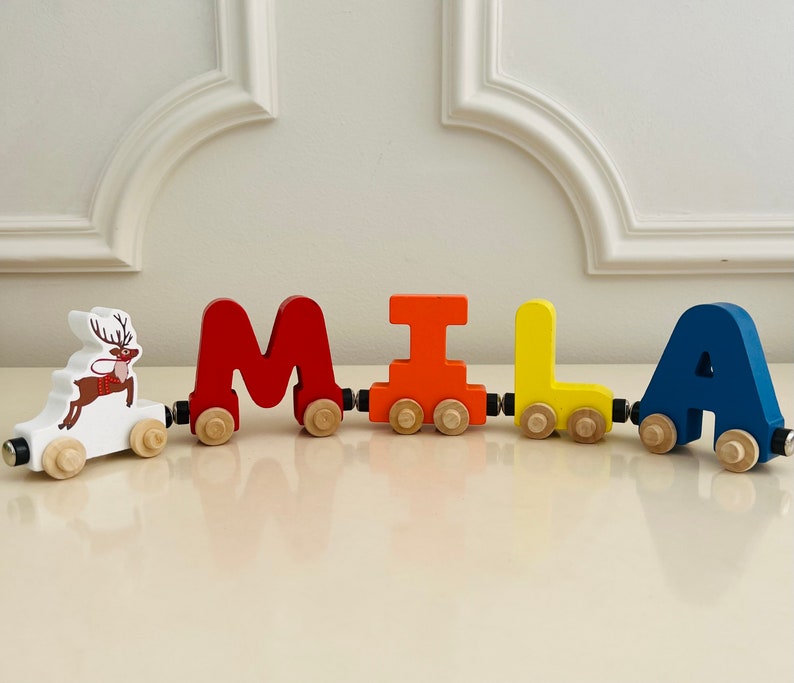 Build your own Train with a Christmas Reindeer. Personalized Wooden Magnetic Alphabet Letters. Kids Toy and Room Decoration. Name puzzle.