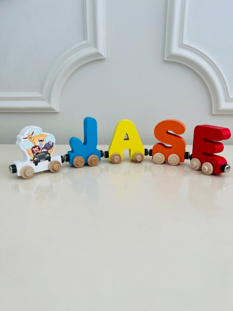 Build your own Train with a Safari Animals in Jeep. Personalized Wooden Magnetic Alphabet Letters. Kids Toy and Room display. Name puzzle.