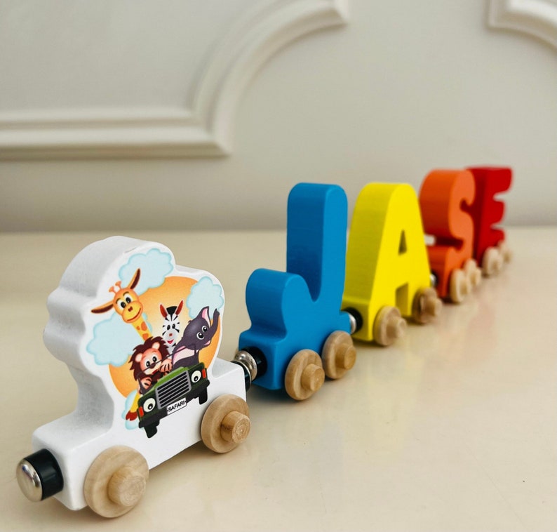 Build your own Train with a Safari Animals in Jeep. Personalized Wooden Magnetic Alphabet Letters. Kids Toy and Room display. Name puzzle.