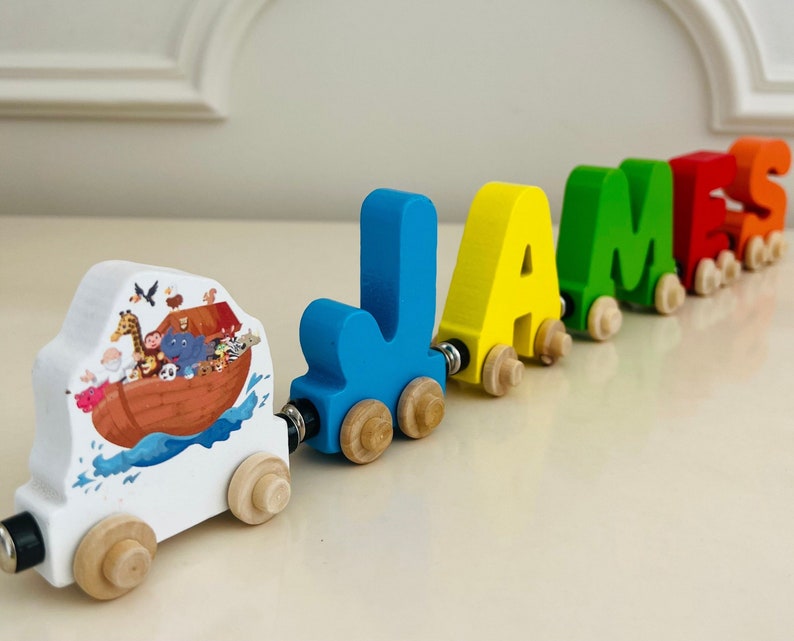 Build your own Train with Noahs Ark Animals. Personalized Wooden Magnetic Alphabet Letters. Kids Toy and Room display. Name puzzle.