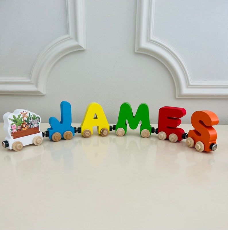 Build your own Train with a Jungle Animal Theme. Personalized Wooden Magnetic Alphabet Letters. Kids Toy and Room display. Name puzzle.