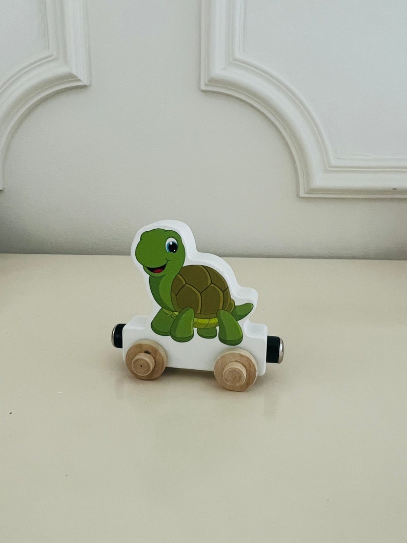Build your own Train with a Green Turtle. Personalized Wooden Magnetic Alphabet Letters. Kids Educational Toy. Name puzzle.