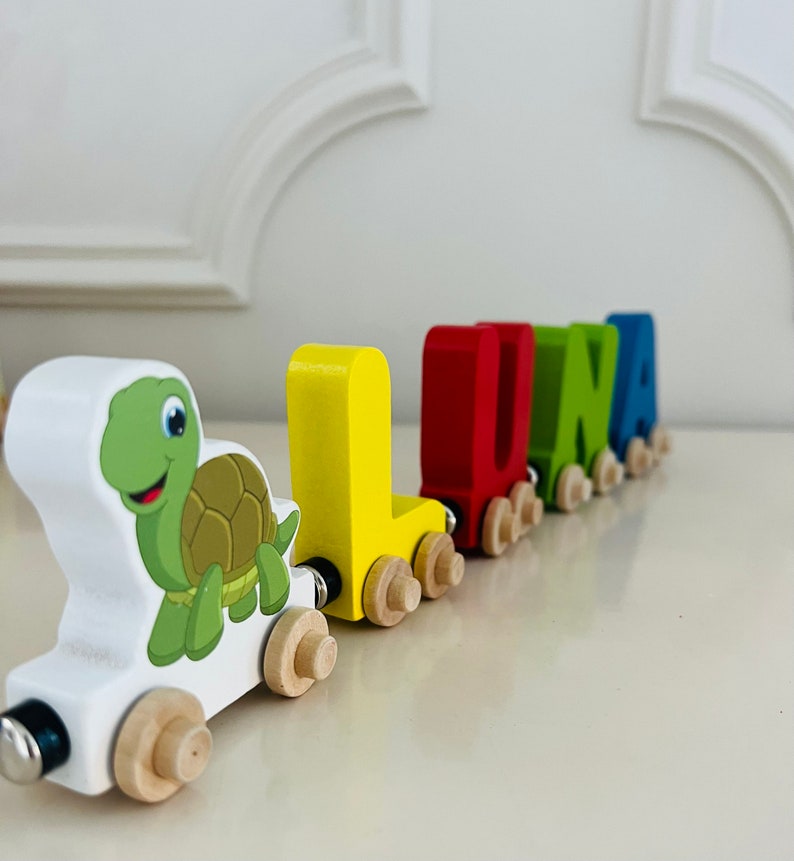 Build your own Train with a Green Turtle. Personalized Wooden Magnetic Alphabet Letters. Kids Educational Toy. Name puzzle.
