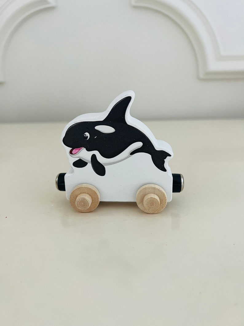 Build your own Train with a Whale Ocean theme. Personalized Wooden Magnetic Alphabet Letters. Kids Educational Toy. Name puzzle.