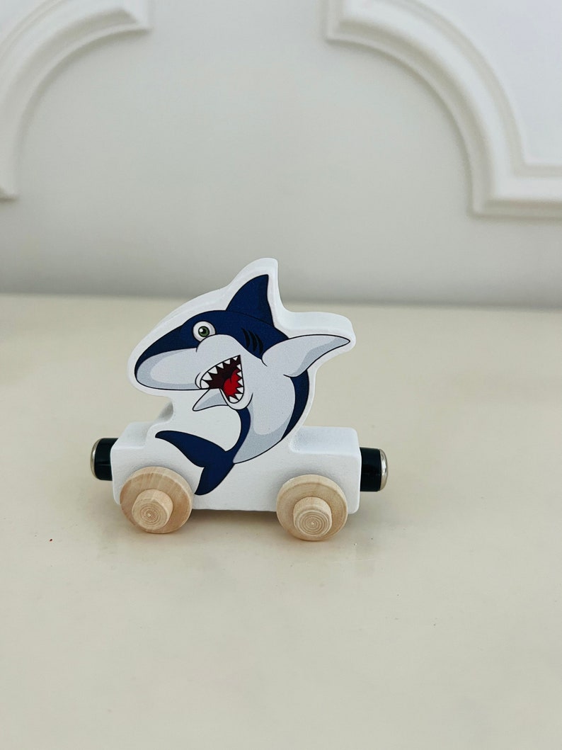 Build your own Train with a Shark Ocean theme. Personalized Wooden Magnetic Alphabet Letters. Kids Educational Toy. Name puzzle.