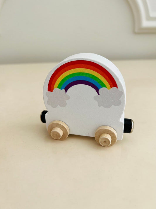 Build your own Train with a Rainbow above clouds. Personalized Wooden Magnetic Alphabet Letters. Kids educational Toy. Name puzzle.