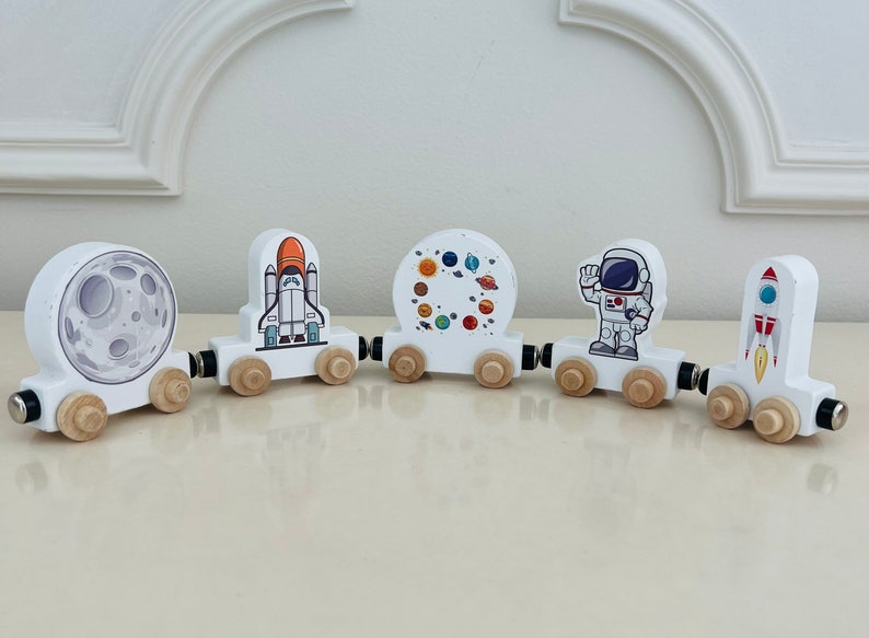 Build your own Train with an astronaut. Personalized Wooden Magnetic Alphabet Letters. Kids educational Toy. Name puzzle.