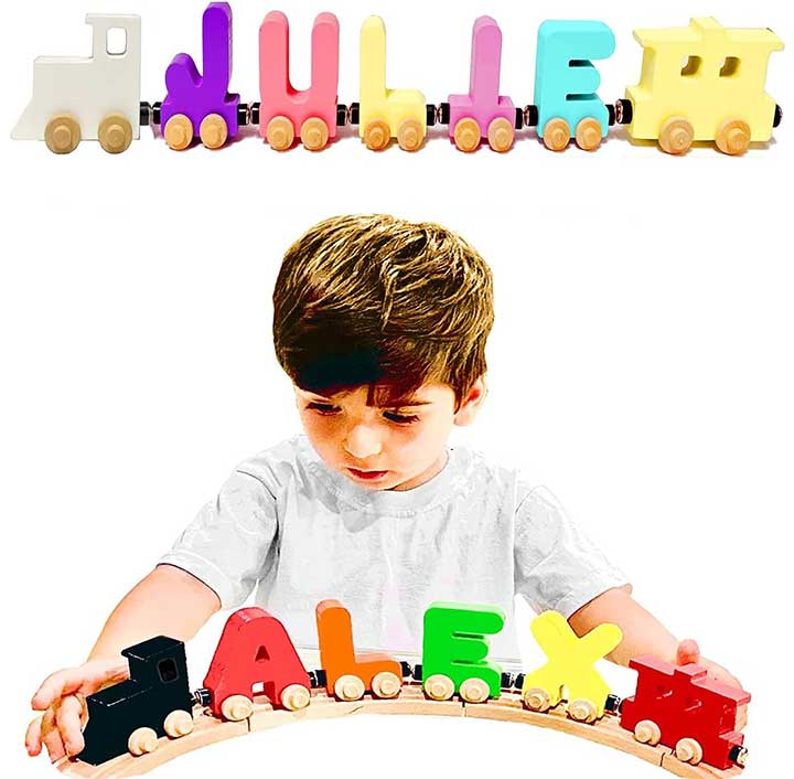 KIDZCO Personalized Keepsake Wooden Name Jumbo Alphabet Train: Fun, Educational Toy for Kids & Toddlers. Baby boy or Girl - Learn, Play & Decorate Kids' Rooms ASIN B0081IZ3UA