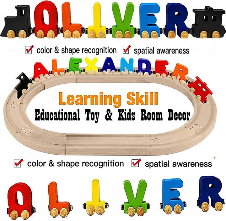 KIDZCO Personalized Keepsake Wooden Name Jumbo Alphabet Train: Fun, Educational Toy for Kids & Toddlers. Baby boy or Girl - Learn, Play & Decorate Kids' Rooms ASIN B0081IZ3UA